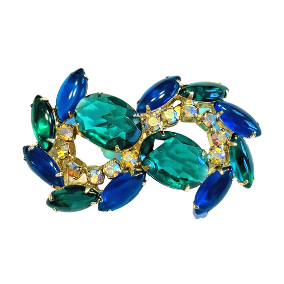 Vintage Brooch Mid Century Rhinestones Green Blue AB Prong Set Stones 50's 60's - Picture 1 of 6